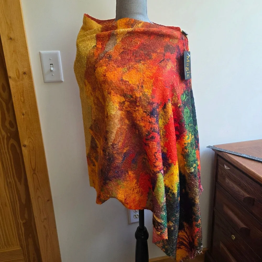 Magic Scarf Autumn Landscape Knit Button Poncho Wrap Shawl Art to Wear NWT